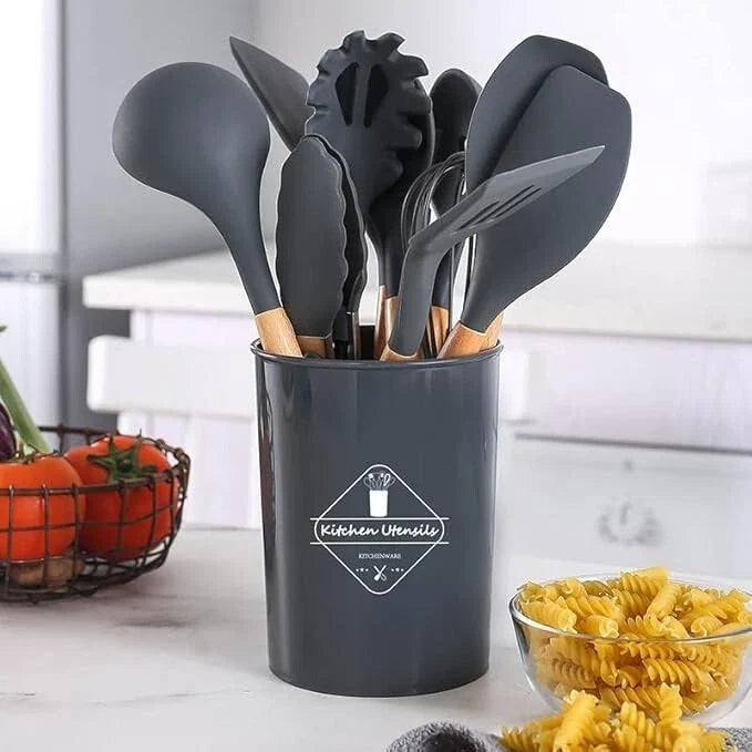 12-Pcs Kitchen Silicone Utensils Set with Heat Resist Wooden Handle Black