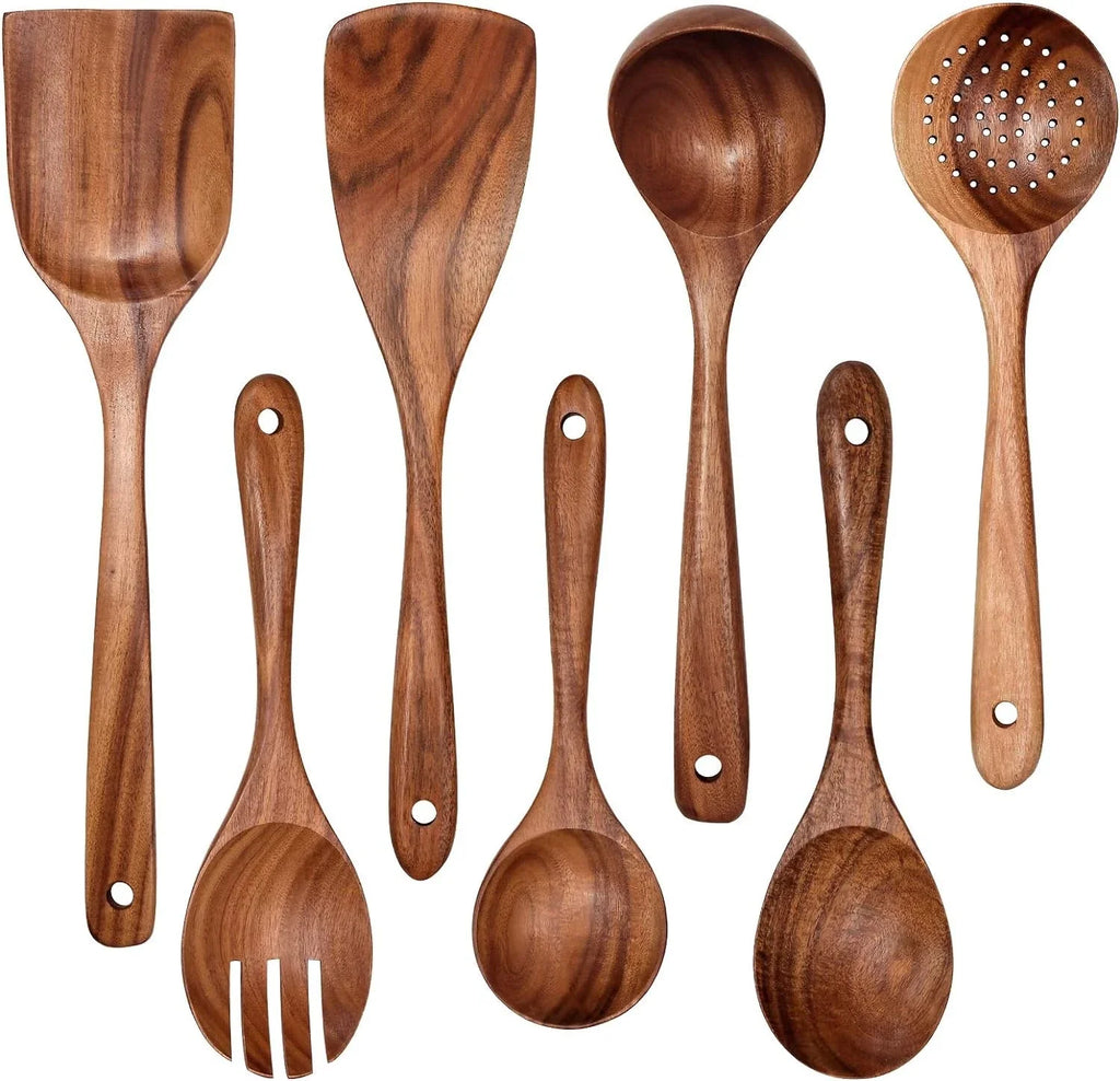 Wooden Non-Stick Kitchen Pan Toolset 7 Pieces 7 Piece Set, Teak Brown