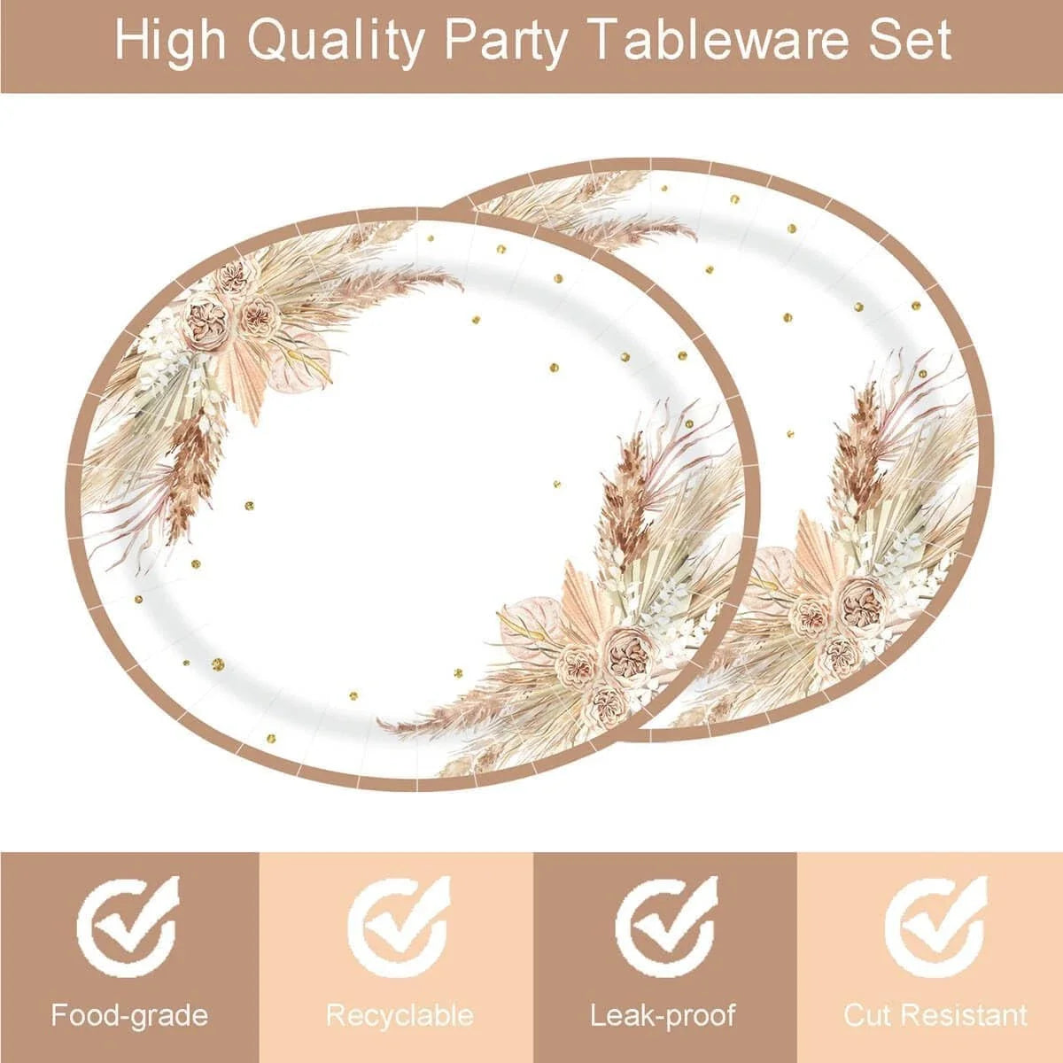 50PCS Boho Party Oval Paper Plates Large 10'' x 12'' Disposable Bohemian Part