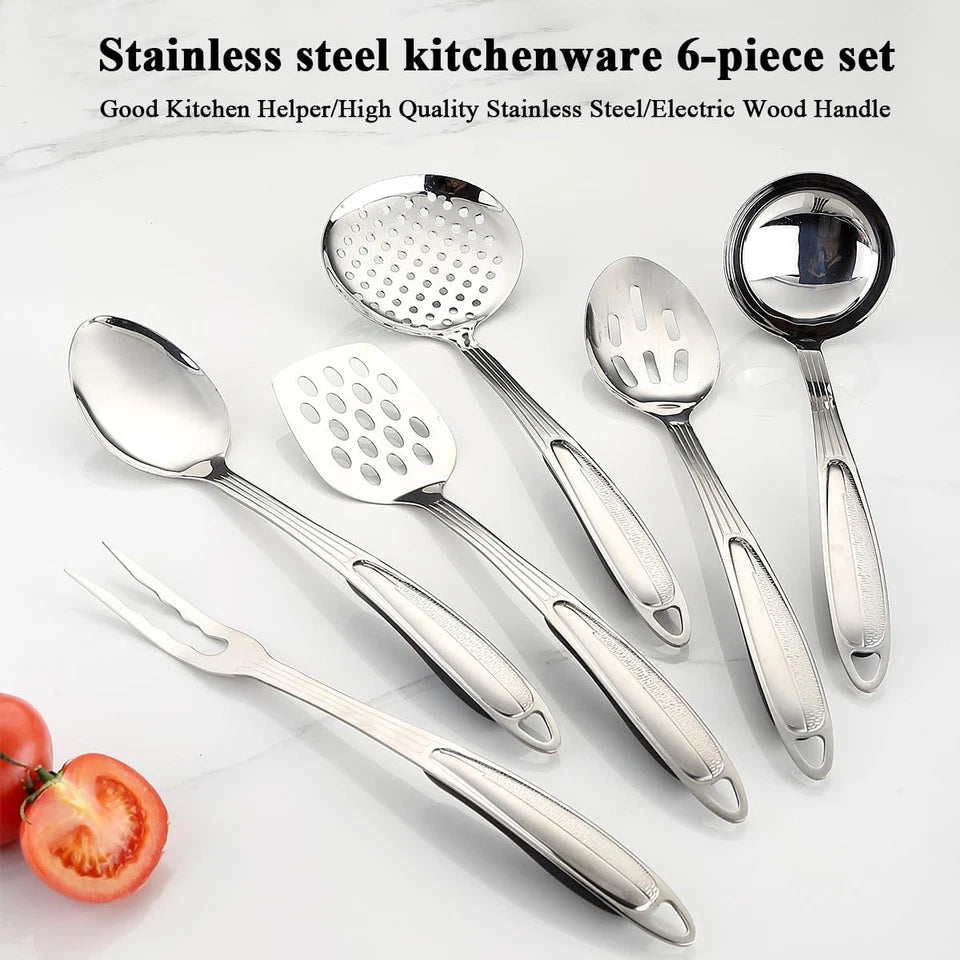 Stainless Steel Kitchen Utensils 6 PCS Spatula Skimmer Ladle Spoon Fork Set